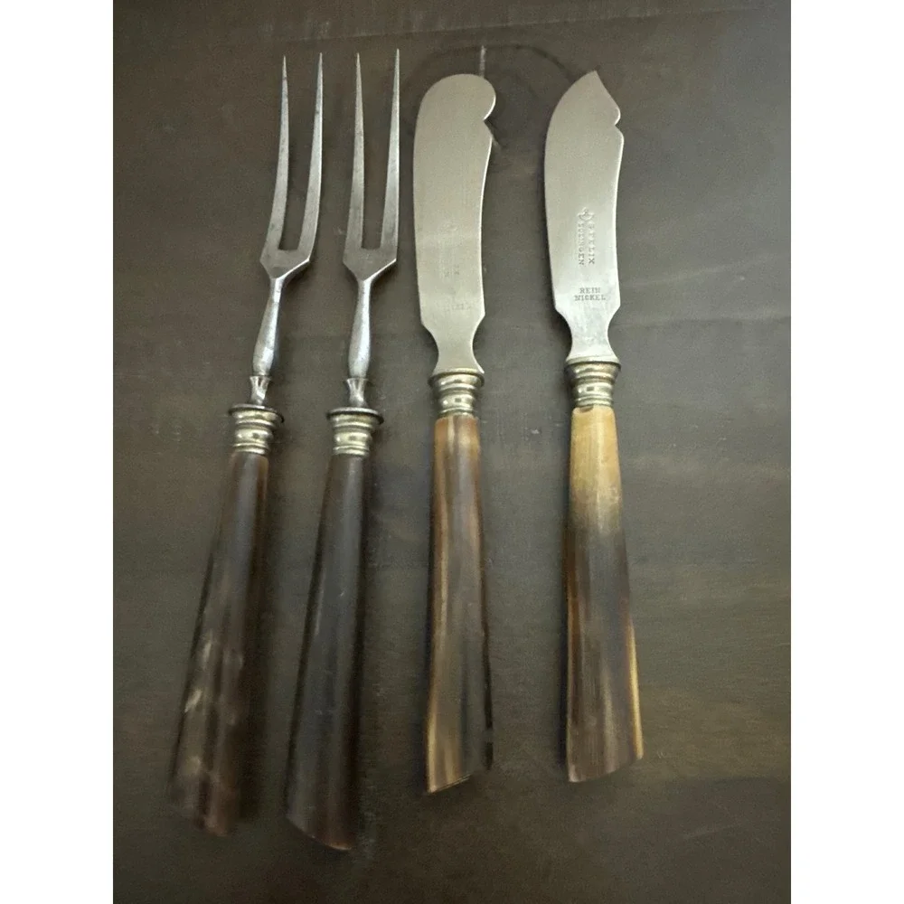 G Felix Solingen Rein Nickel Fish Knives and Cold Meat Forks Horn Handles 4pc
